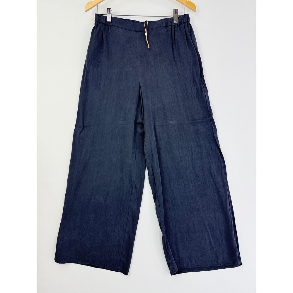 Quince Washable Silk Pajama Pants Womens Medium Indigo Blue Wide Leg Side Slit